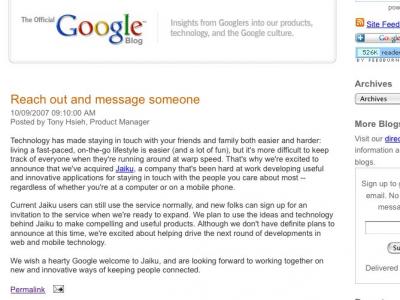 谷歌收购Jaiku的官方博客