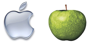 图为苹果公司标识(左)和披头士的“苹果公司”标识(右) 图为苹果公司标识(左)和披头士的“苹果公司”标识(右)