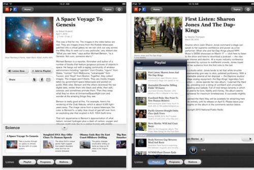 　　美国国家公共广播(NPR)的应用是免费的，并按照杂志的外观提供文章，用户可以一边听广播一边看新闻。