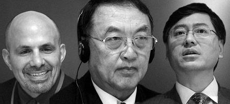 相比联想原CEO阿梅里奥(左)，柳传志(中)显然更欣赏杨元庆(右)，柳传志接班人猜想游戏再次开始。刘剑平 制图