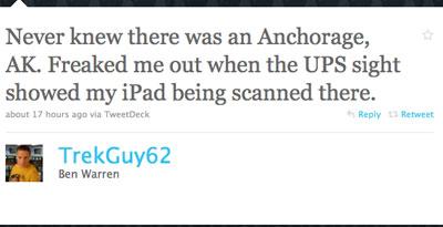 Twitter信息显示iPad发货路径