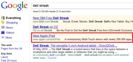 图为在Google.co.uk搜索&ldquo;Dell Streak&rdquo;时的广告截屏