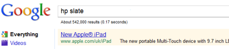 图为在Google.co.uk搜索&ldquo;HP Slate&rdquo;时的广告截屏